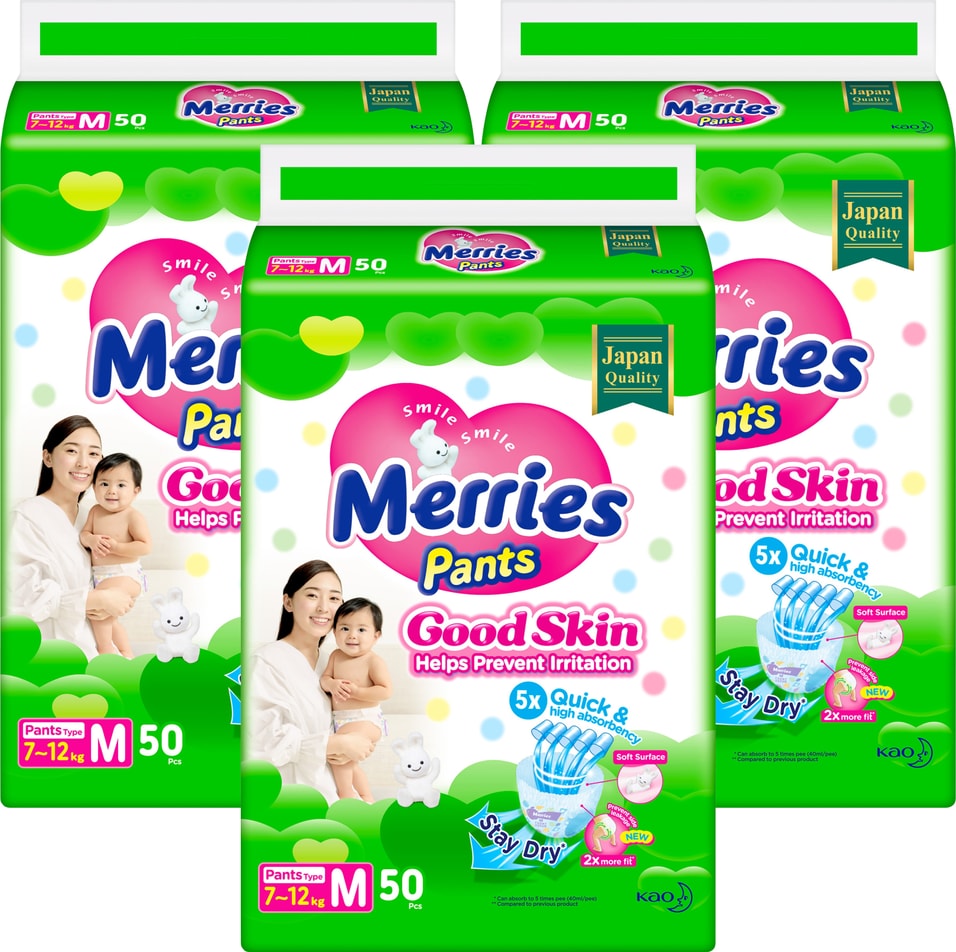 Подгузники-трусики Merries Good Skin M 7-12кг 50шт (упаковка 3 шт.)