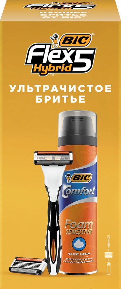 Набор для бритья Bic Flex 5 Hybrid с 2 сменными кассетами + Пена Foam Sensitive 250мл от Vprok.ru