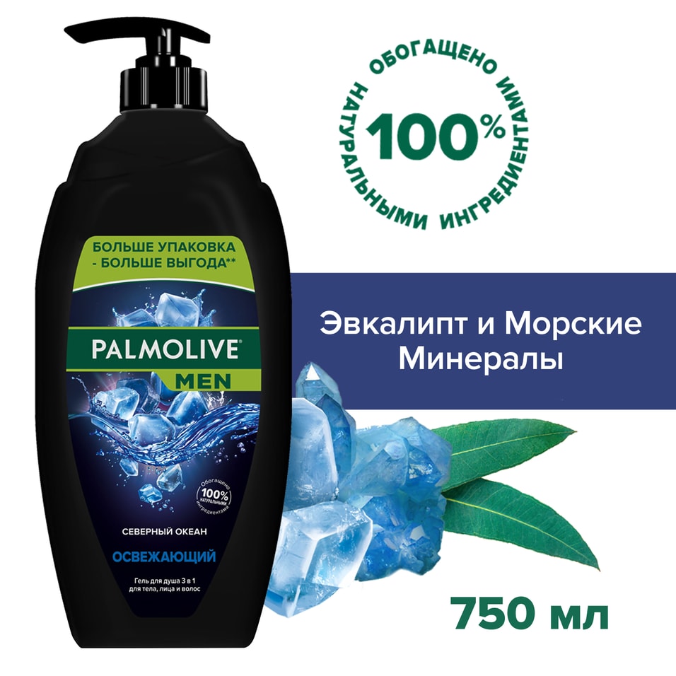 Гель для душа Palmolive MEN Северный океан с морскими минералами 3 в 1 для тела лица и волос 750мл