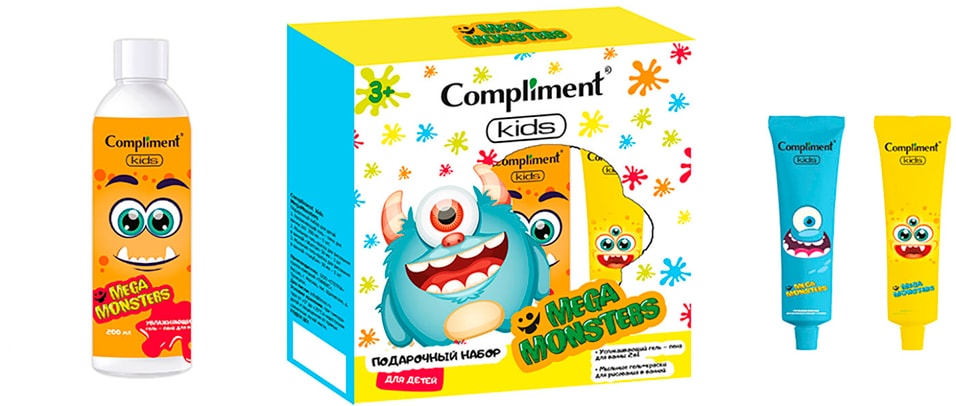 Набор подарочный Compliment Kids Megamonsters Гель-пена для ванны + Краска для ванн голубая + Краска для ванны желтая