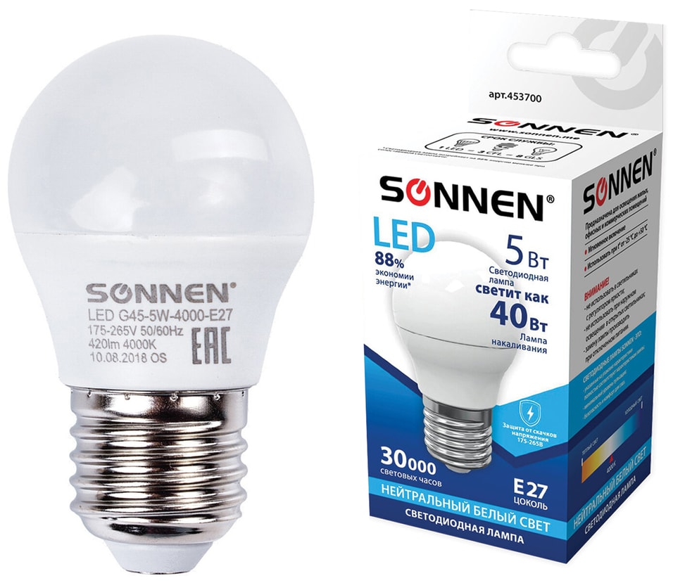 Лампа светодиодная Sonnen 5Вт E27 LED G45-4000