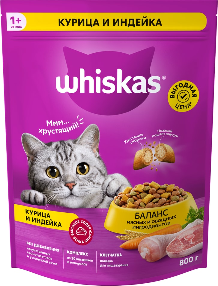 Сухой корм для кошек Whiskas Вкусные подушечки полнорационный с нежным паштетом Аппетитное ассорти с курицей и индейкой