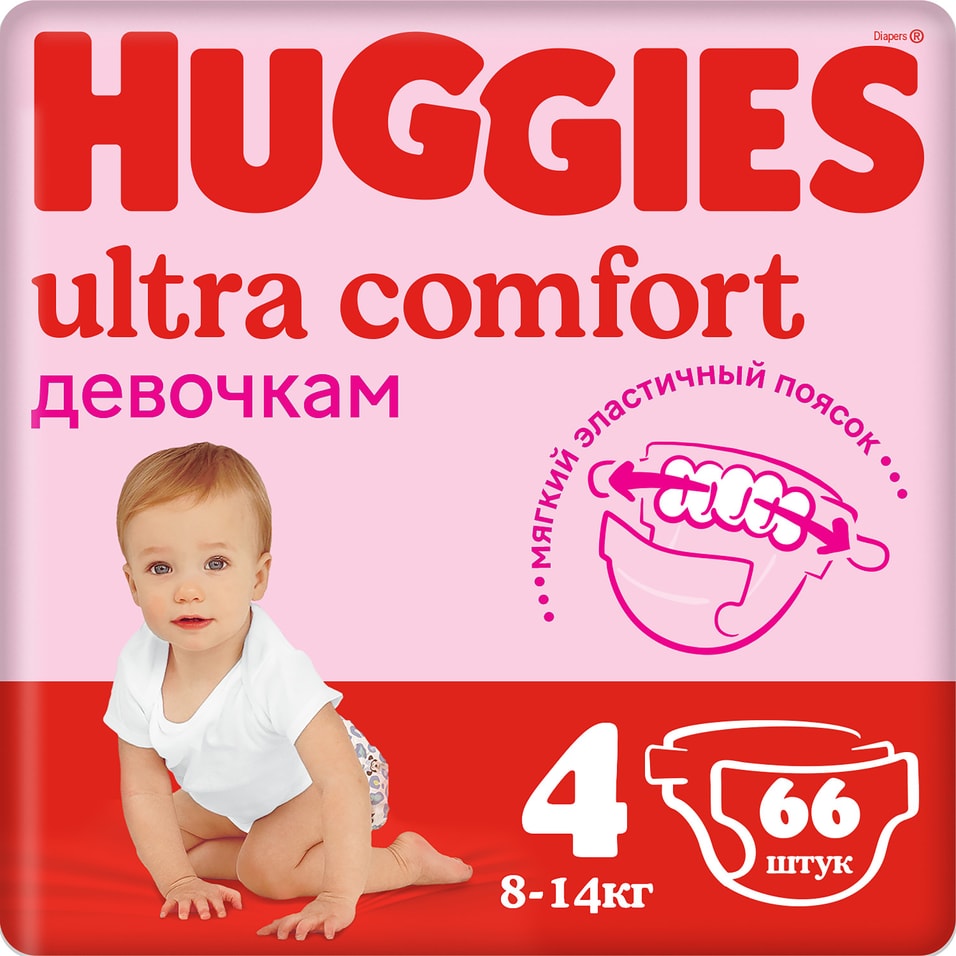 Подгузники Huggies Ultra Comfort для девочек №4 8-14кг 66шт