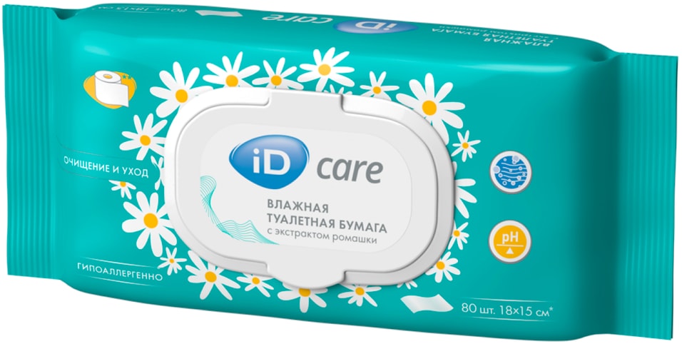 Туалетная бумага влажная iD Care с экстрактом ромашки 80шт 122₽