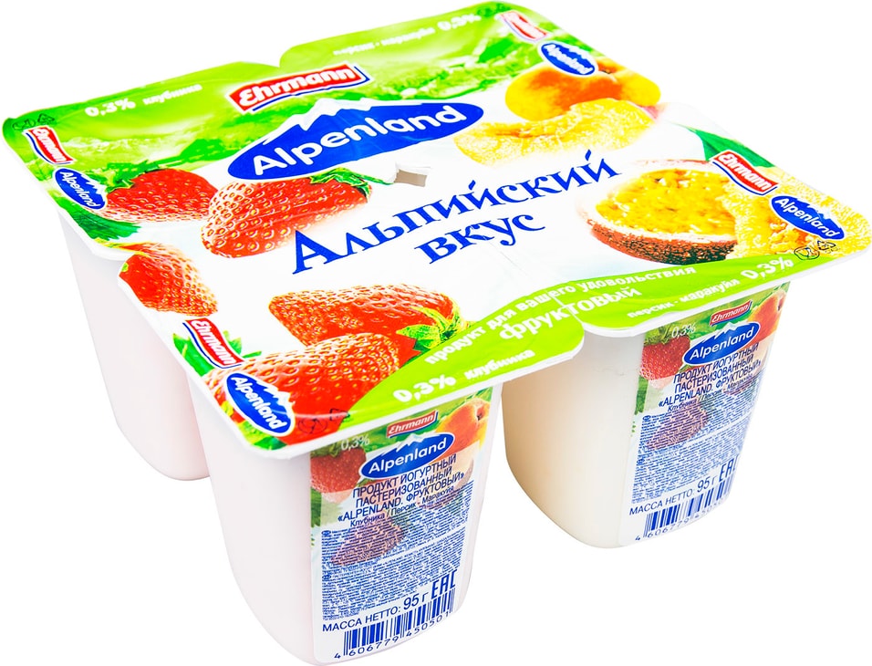 Продукт йогуртный Alpenland Клубника Персик-маракуйя 0.3% 4шт*95г