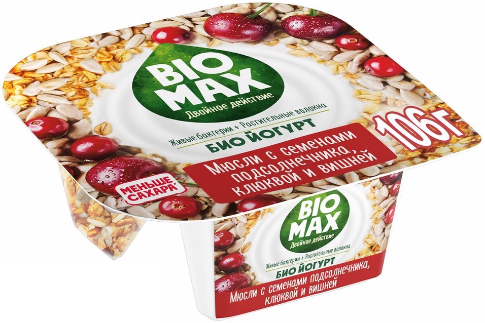 Биойогурт Bio-Max со смесью из мюсли и семян подсолнечника с клюквой и вишней 2.9% 106г от Vprok.ru