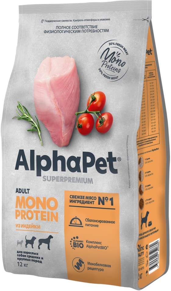 Сухой корм AlphaPet Superpremium Monoprotein из индейки для взрослых собак средних и крупных пород 12кг 8339₽