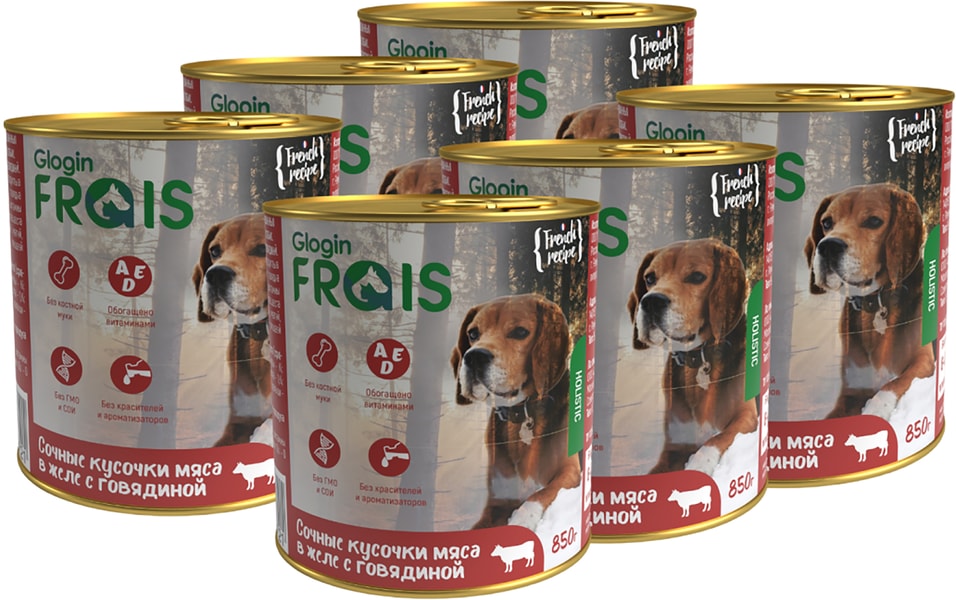 Влажный корм для собак Frais HD Сочные кусочки мяса в желе с говядиной 850г (упаковка 6 шт.)
