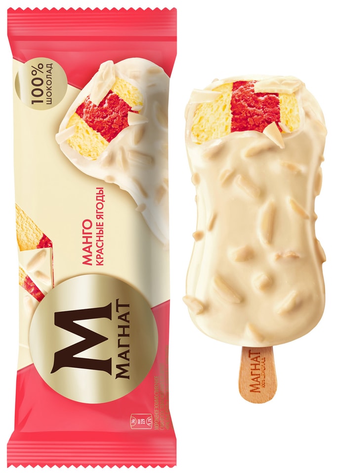 Мороженое Магнат Эскимо сливочное с Манго красные ягоды в белом шоколаде 74г