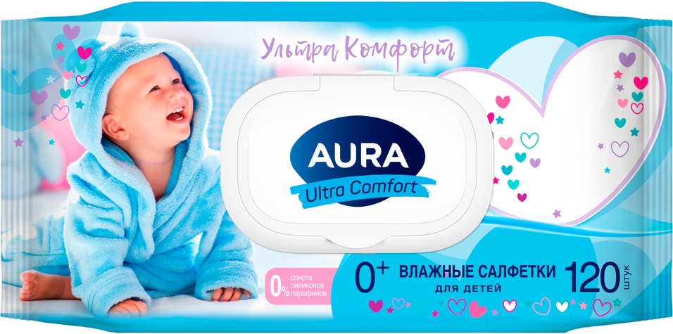 Влажные салфетки Aura Ultra Comfort для детей с экстрактом алоэ и витамином Е 120шт 101₽