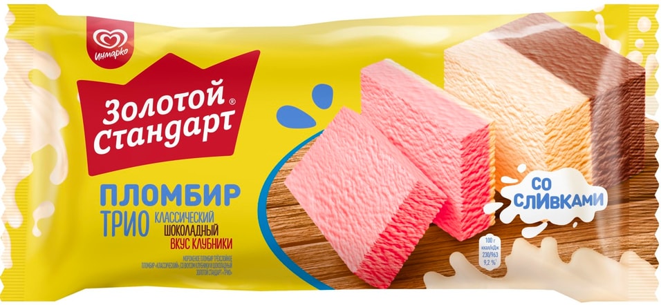 Мороженое Золотой Стандарт Трио Пломбир Шоколад Клубника Сливки 12% 180г