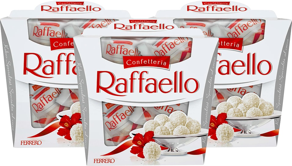 Конфеты Raffaello с цельным миндальным орехом в кокосовой обсыпке 150г в ассортименте (упаковка 3 шт.)