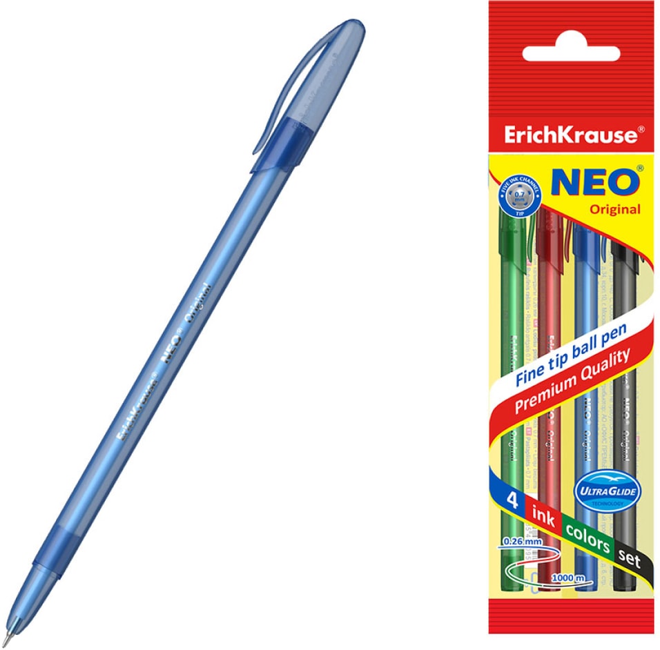 Набор ручек ErichKrause Neo Stick Original Super Glide Technology шариковые цветные 0.7 4шт