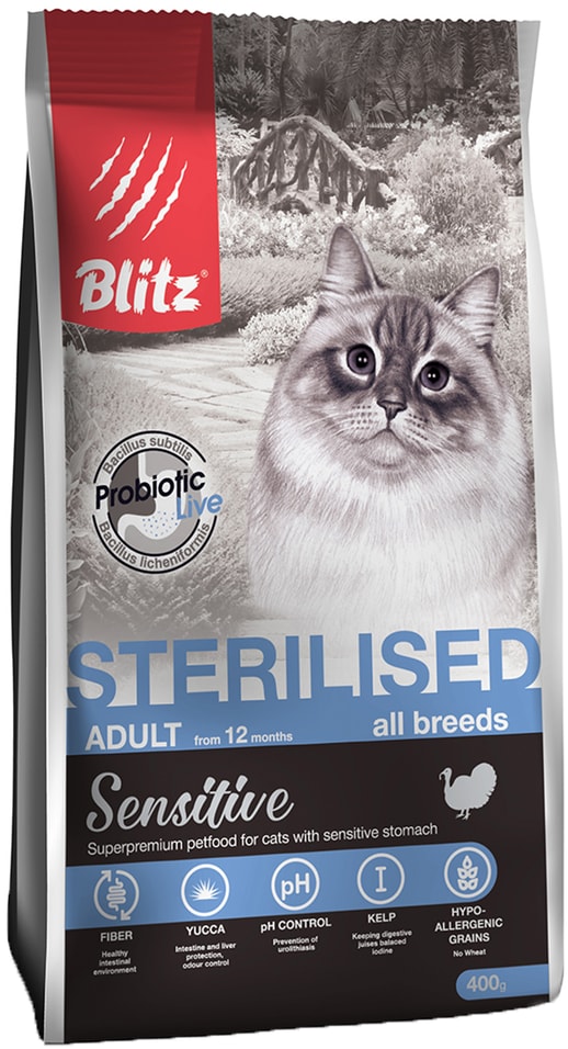 Сухой корм для кошек Blitz Sensitive Sterilised cat для стерилизованных с индейкой 400г