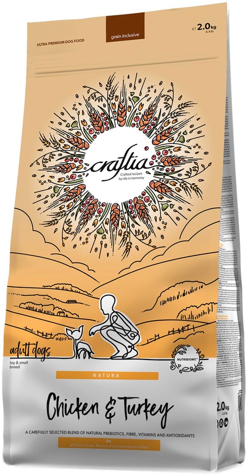 Сухой корм для собак Craftia Natura для миниатюрных и мелких пород из курицы и индейки 2кг 3144₽