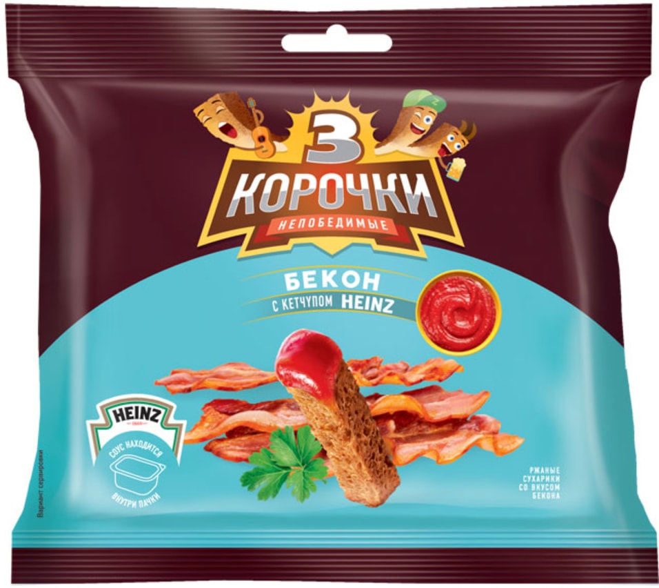 Сухарики Три корочки Бекон с кетчупом 60г c кетчупом Heinz 25мл 48₽