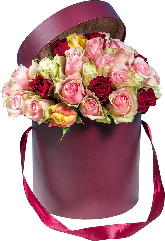 Букет Кенийские розы 35шт микс в шляпной коробке от Vprok.ru