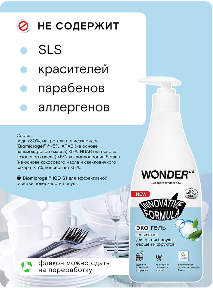 Экогель для мытья посуды Wonder Lab Нейтральный 550мл от Vprok.ru