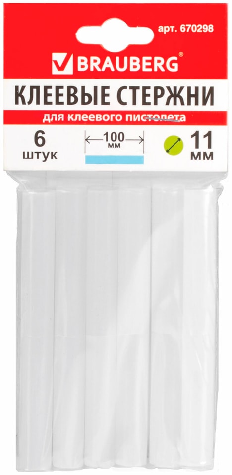 Клеевые стержни Brauberg белые диаметр 11см 10см 6шт 129₽