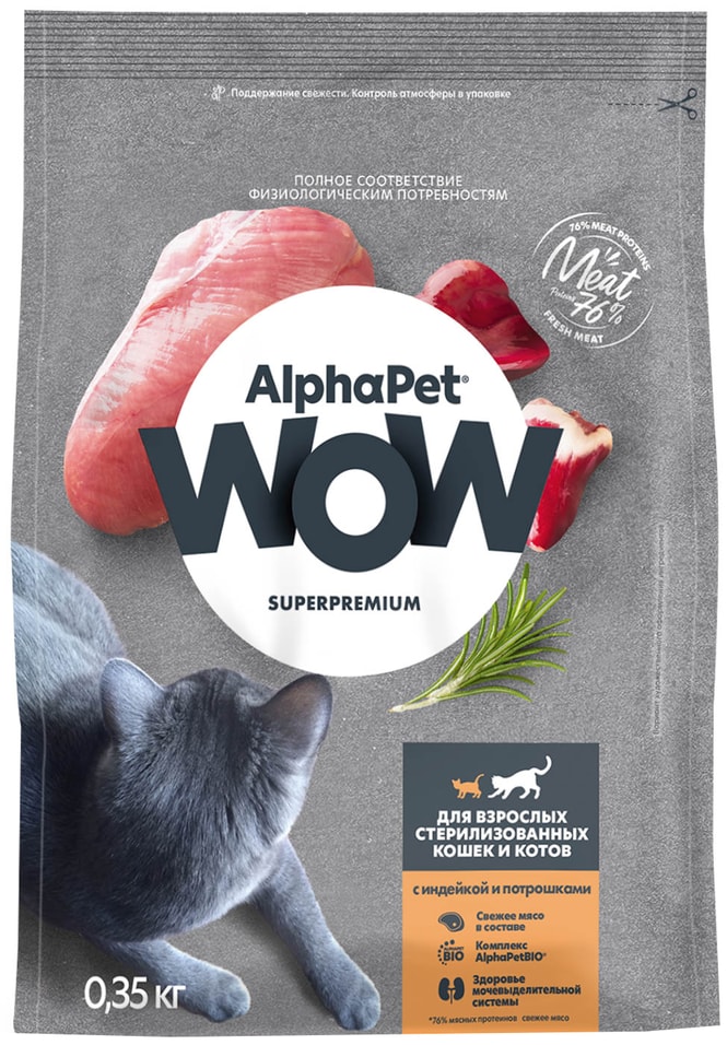 Сухой корм для кошек AlphaPet Wow SuperPremium с индейкой и потрошками 350г