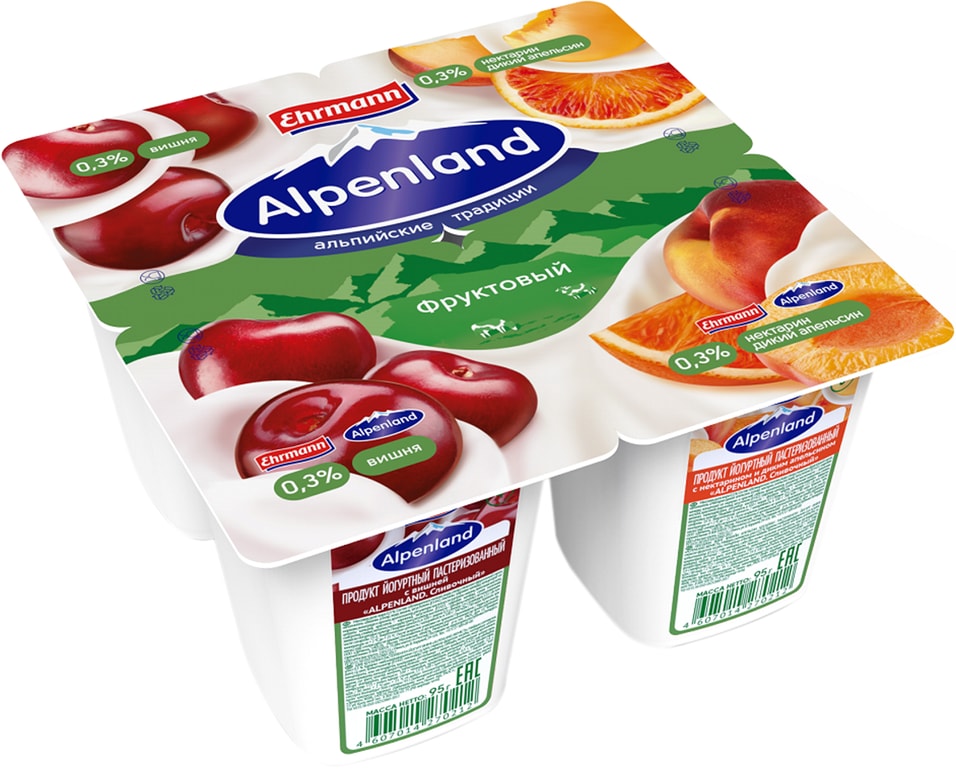Продукт йогуртный Alpenland Вишня Нектарин-дикий апельсин 0.3% 4шт*95г
