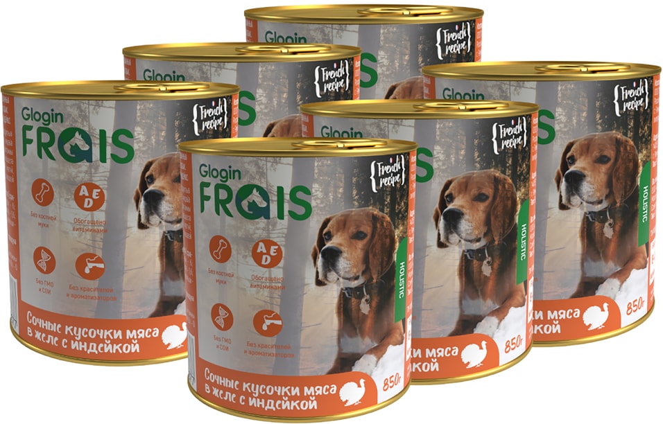 Влажный корм для собак Frais HD Сочные кусочки мяса в желе с индейкой 850г (упаковка 6 шт.)