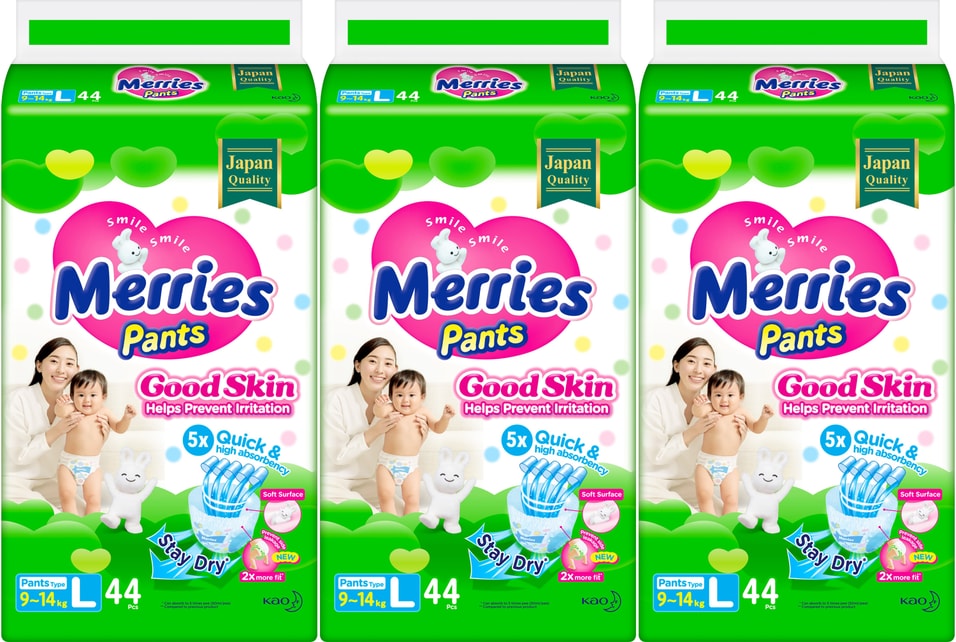 Подгузники-трусики Merries Good skin L 9-14кг 44шт (упаковка 3 шт.)