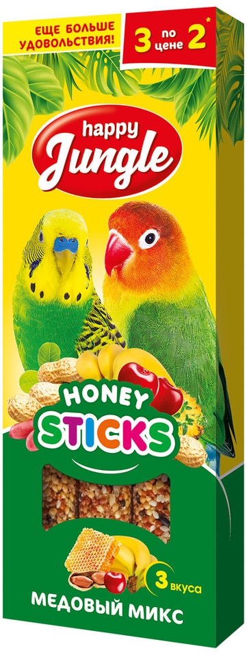 Лакомство для птиц Happy Jungle Палочки микс 3 вкуса 3шт 90г Лакомство для птиц Happy Jungle Палочки микс 3 вкуса 3шт 90г