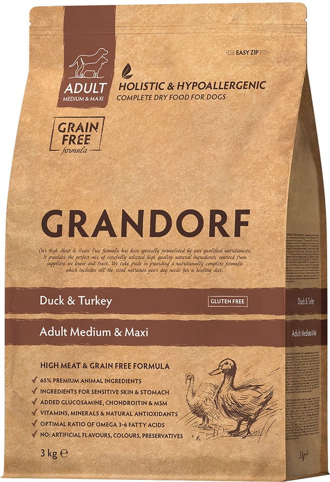 Сухой корм для собак Grandorf Adult Medium & Maxi для средних и крупных пород с уткой и индейкой 3кг
