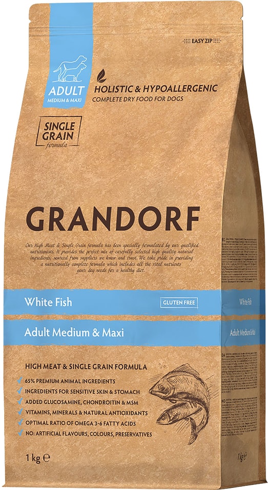Сухой корм для собак Grandorf Adult Medium & Maxi для средних и крупных пород с белой рыбой 1кг