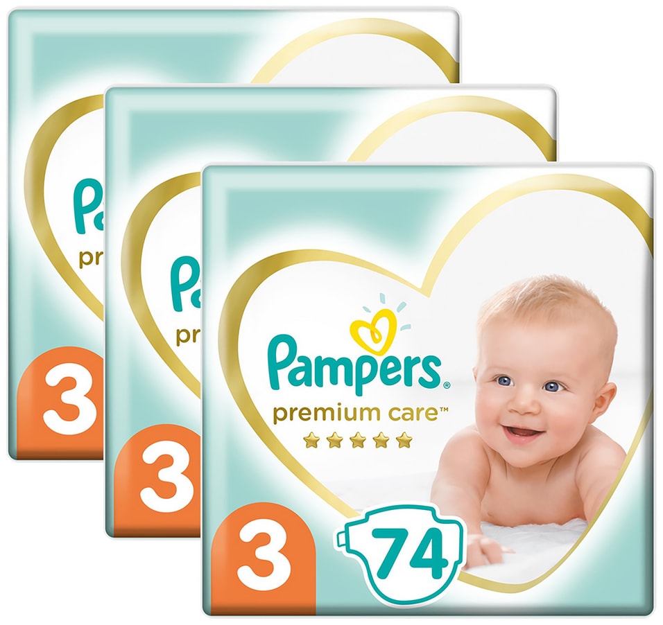 Подгузники Pampers Premium Care 3 размер 6-10кг ультрамягкие 74шт упаковка 2 шт 2878₽