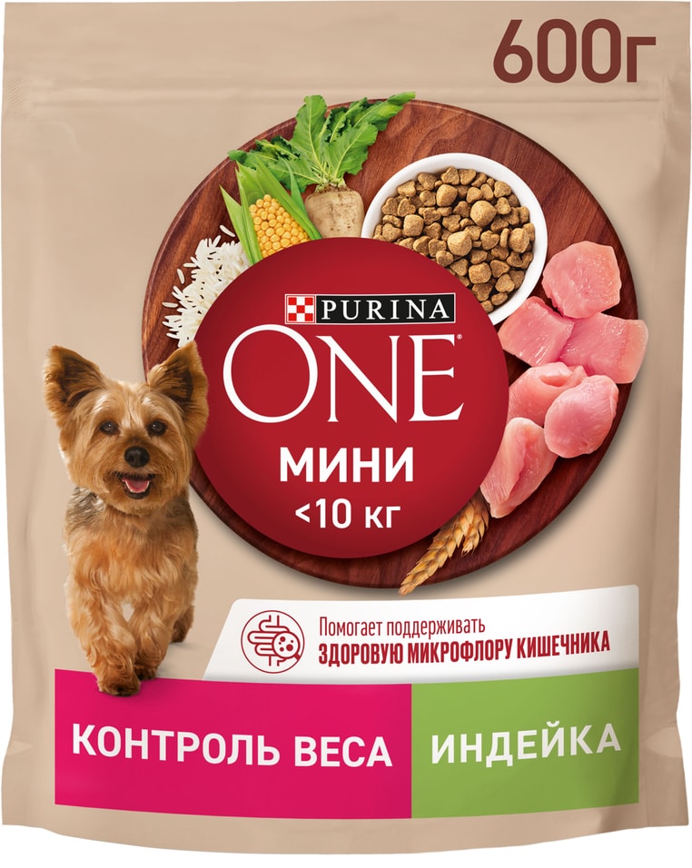 Сухой корм для собак Purina ONE для мелких пород склонных к набору веса с индейкой и рисом 600г 309₽