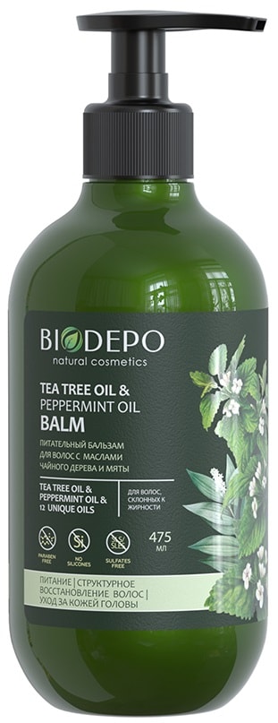 Бальзам для волос Biodepo питательный с эфирными маслами чайного дерева и мяты 475мл