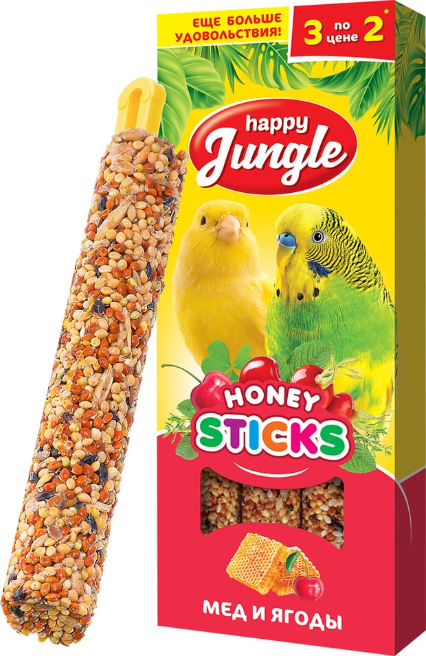 Лакомство для птиц Happy Jungle Палочки мед + ягоды 3шт 90г (упаковка 2 шт.)