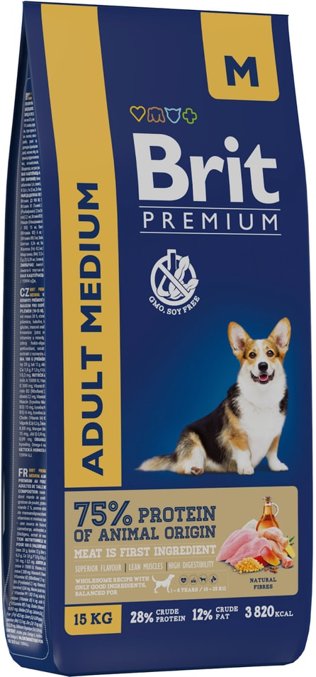 Сухой корм для собак Brit Premium Dog Adult Medium с курицей 15кг 4796₽