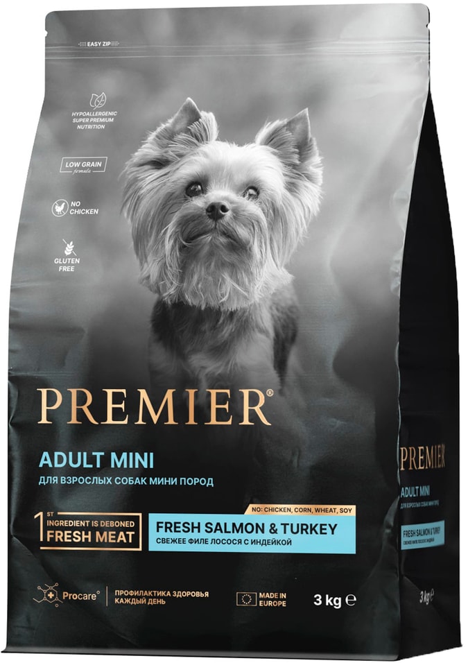 Сухой корм для собак Premier Dog Salmon&Turkey Adult Mini Свежее филе лосося с индейкой 3кг