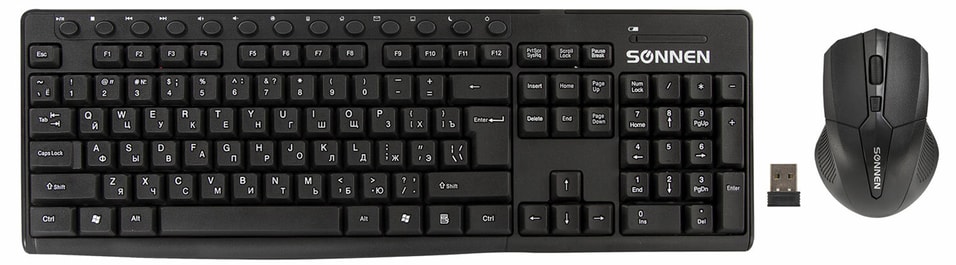Набор беспроводной Sonnen K-648 Клавиатура 117 клавиш + Мышь 4 кнопки 1600 dpi черный