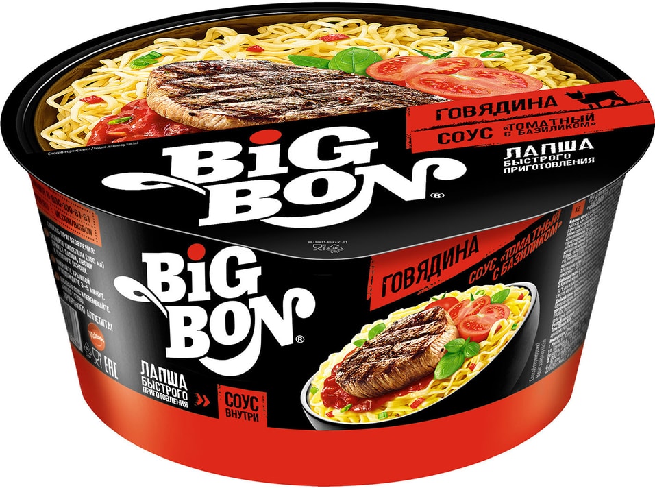 Лапша Big Bon Говядина и соус томатный с базиликом 85г