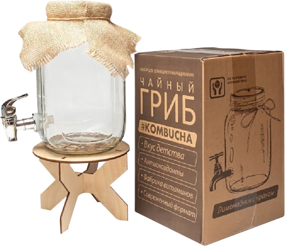 Набор для приготовления напитка Чайный гриб с подставкой и стеклянной банкой 3л от Vprok.ru