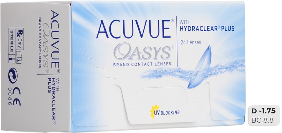 Контактные линзы Acuvue Oasys Hydraclear Plus Двухнедельные -1.75/14.3/8.8 24шт