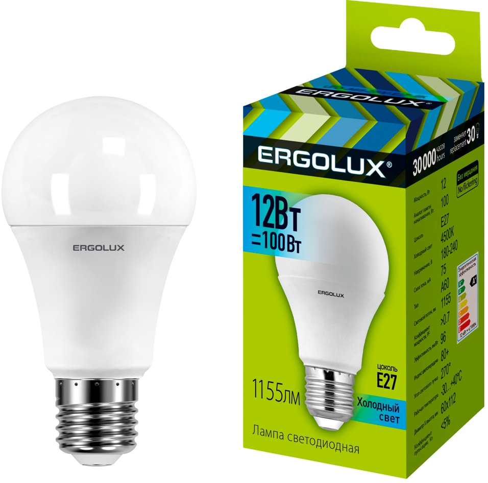 Лампа Ergolux светодиодная LED A60 12W E27 4K