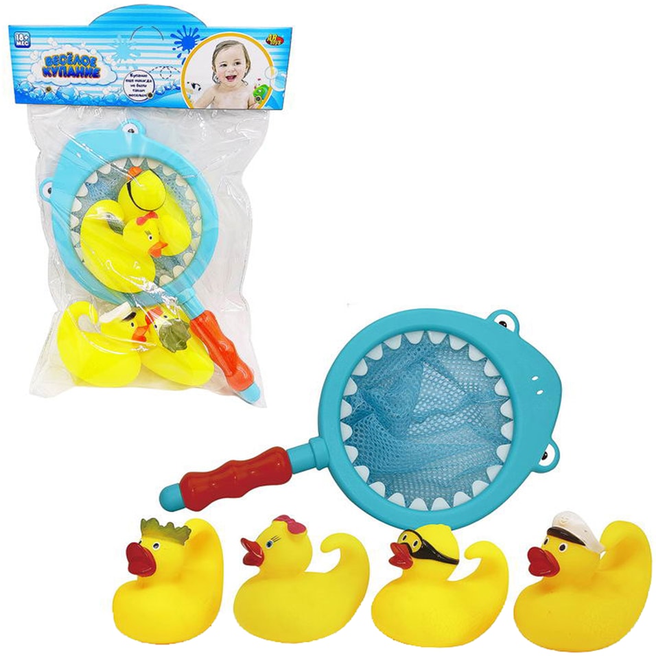 Набор игрушек для ванны ABtoys Веселое купание Уточки 4шт и сачок-акула