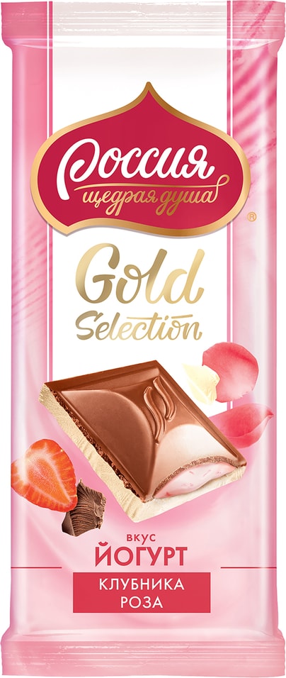 Шоколад Россия - щедрая душа Gold selection молочный и белый клубника роза 82г