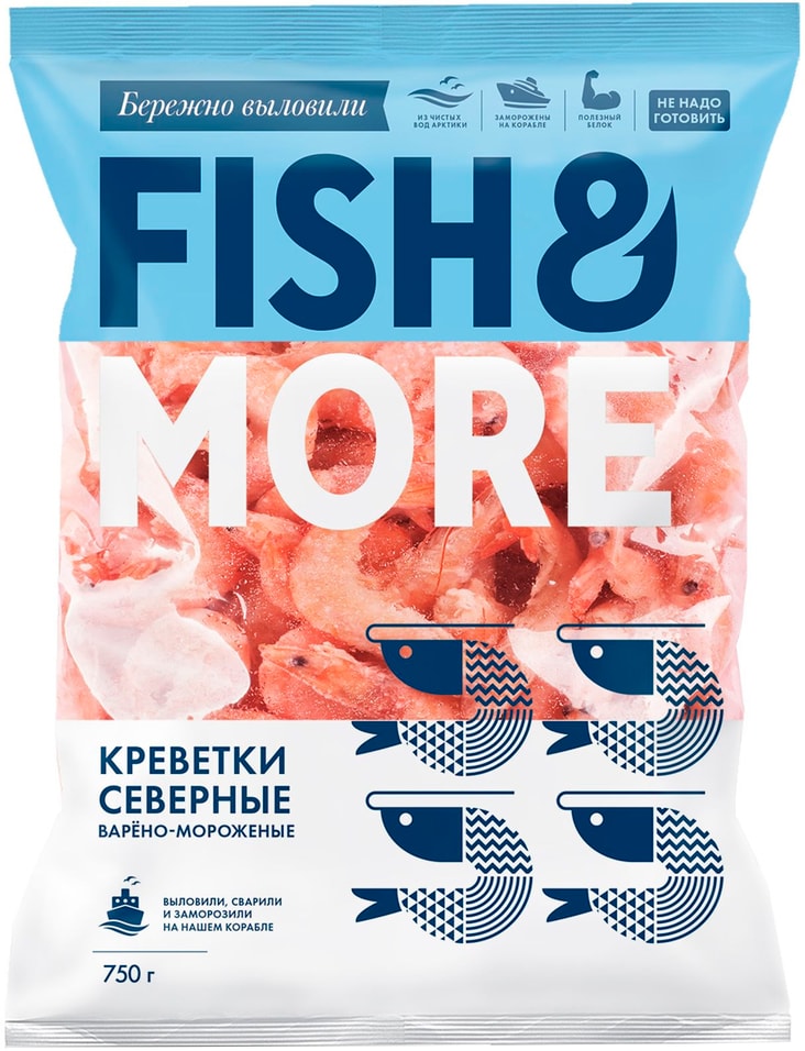 Креветки Fish & More Северные варено-мороженые 80/100 750г