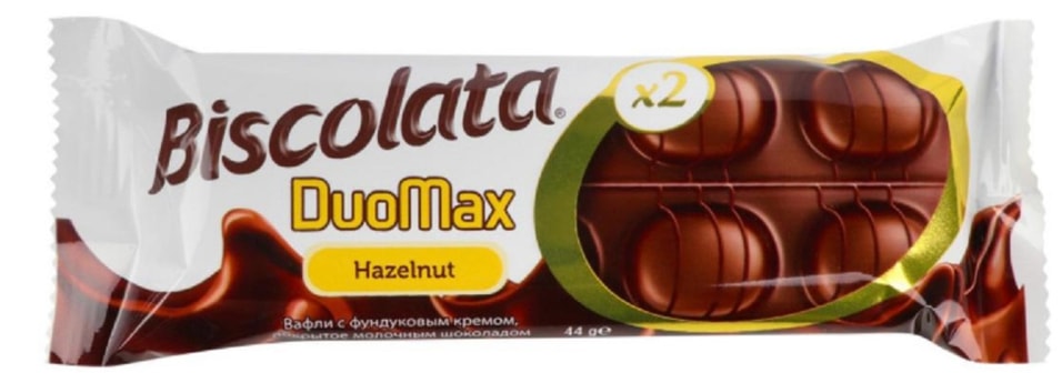 Вафли Biscolata DuoMaxHazelnut с ореховой начинкой, покрытые молочным шоколадом 44г