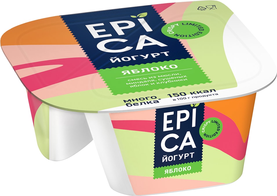 Йогурт Epica Crispy с Яблоком и смесь из мюсли миндаля сушеных яблок и клубники 4.8% 138г от Vprok.ru
