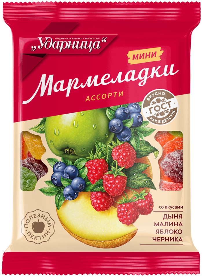 Мармелад Ударница Мини Мармеладки Ассорти со вкусами Дыни Малины Яблока Черники 275г 152₽