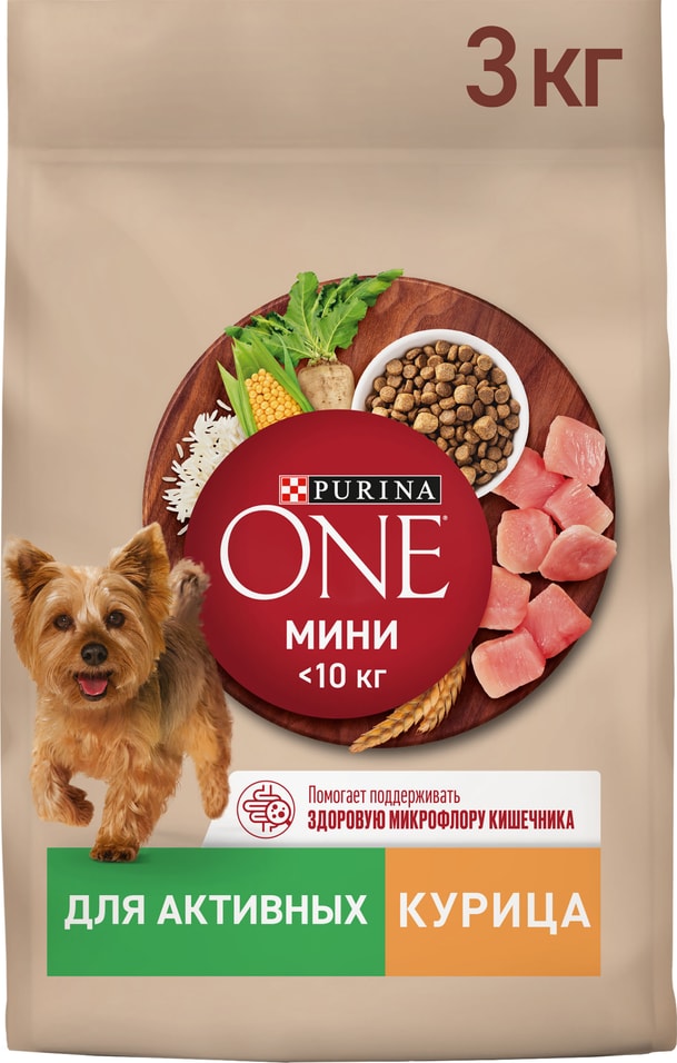 Сухой корм для собак Purina ONE для мелких пород с активным образом жизни с курицей и рисом 3кг 1039₽