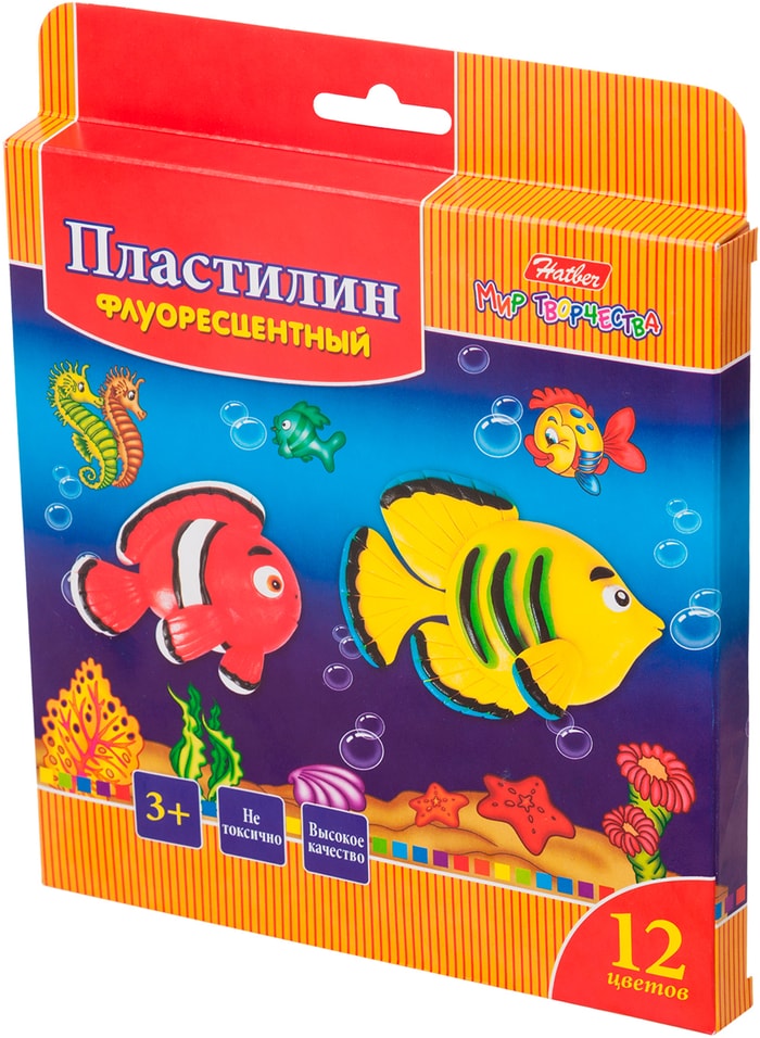 Пластилин Hatber Морская семейка восковой флюоресцентный со стеком 180г 12 цветов 219₽