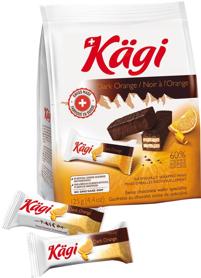 Вафли Kagi Dark Orange mini с начинкой из апельсинового крема в темном  шоколаде 125г